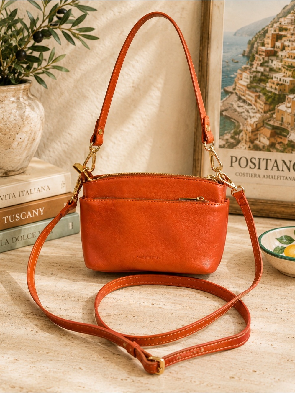 Divina Firenze Triple-Zip Leather Crossbody & Shoulder Bag • Made in Italy